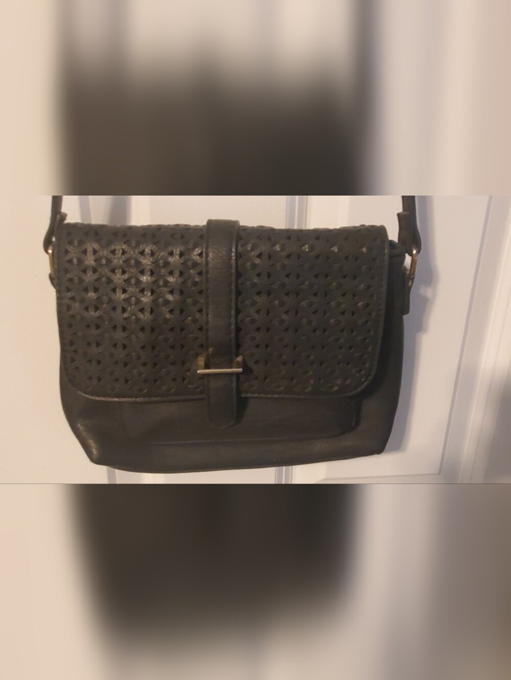 Black Perforated Leather Crossbody Bag
